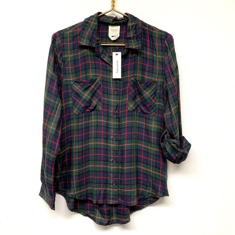 Harper‎ Heritage Francesca's Plaid Button Down Shirt Size Small Green Navy NWT